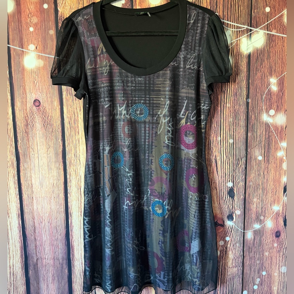 Tricotto Mesh Overlay Graphic Print Mini Dress with Rhinestone Accents Medium
